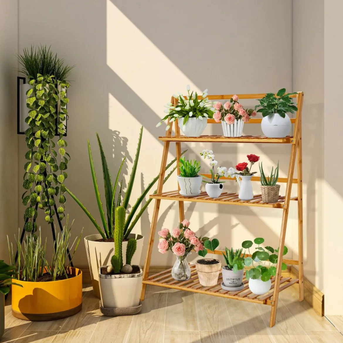 Zusammenklappbarer Pflanzenständer aus Bambus 3-Stufiges Leiterregal 70 x 38 x 95,5 cm Natur