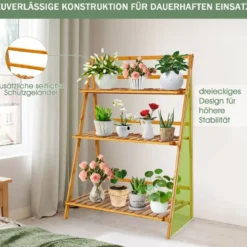 Zusammenklappbarer Pflanzenständer aus Bambus 3-Stufiges Leiterregal 70 x 38 x 95,5 cm Natur