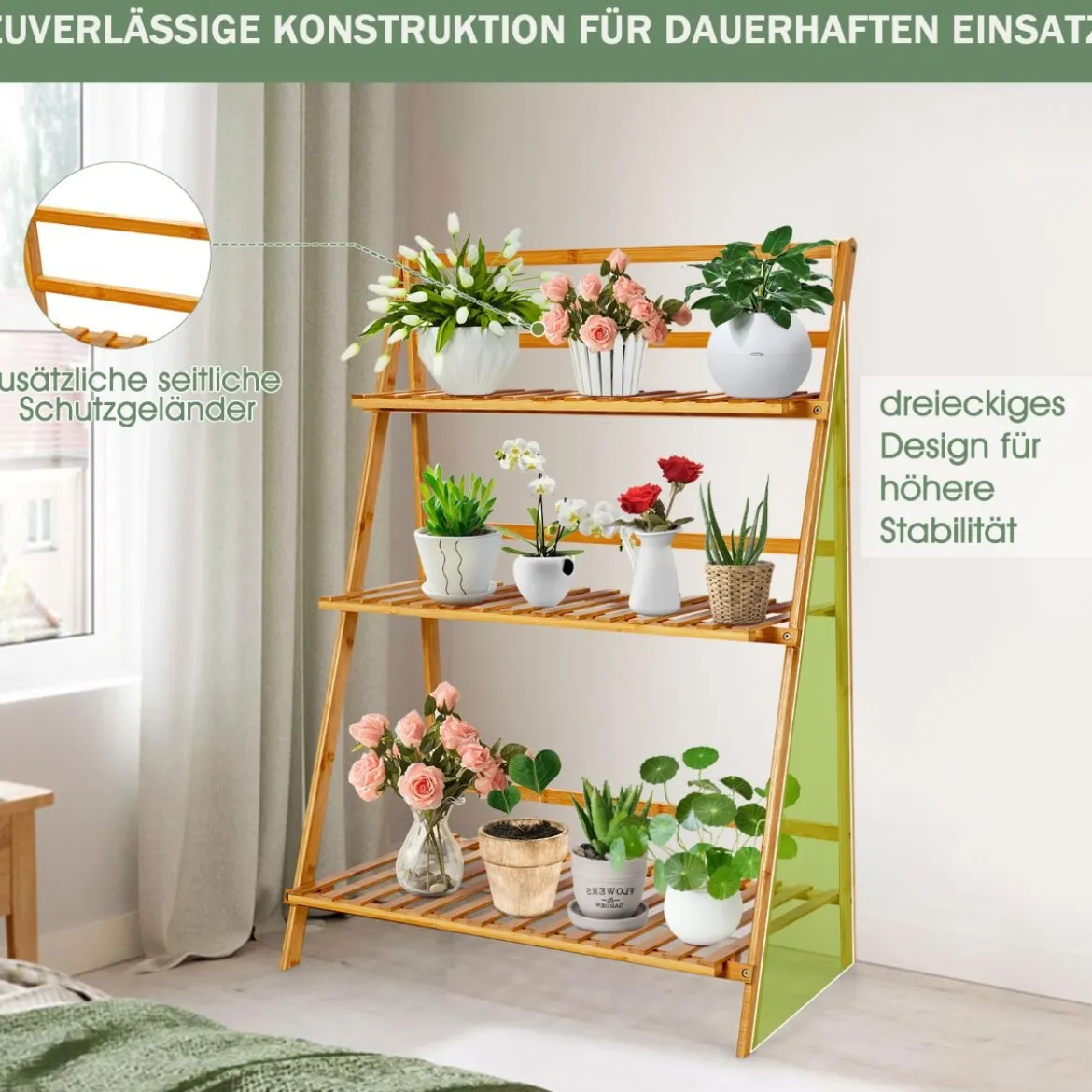 Zusammenklappbarer Pflanzenständer aus Bambus 3-Stufiges Leiterregal 70 x 38 x 95,5 cm Natur
