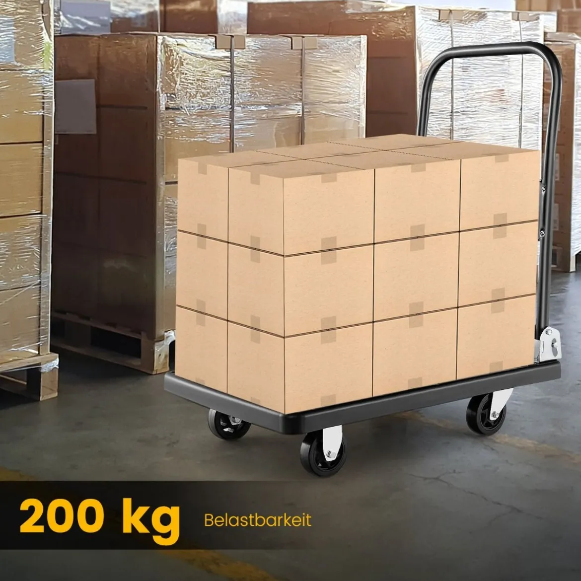 Zusammenklappbarer Plattformwagen mit 200 kg Tragfähigkeit & 360° drehbaren Rädern für einfache Lagerung Schwarz