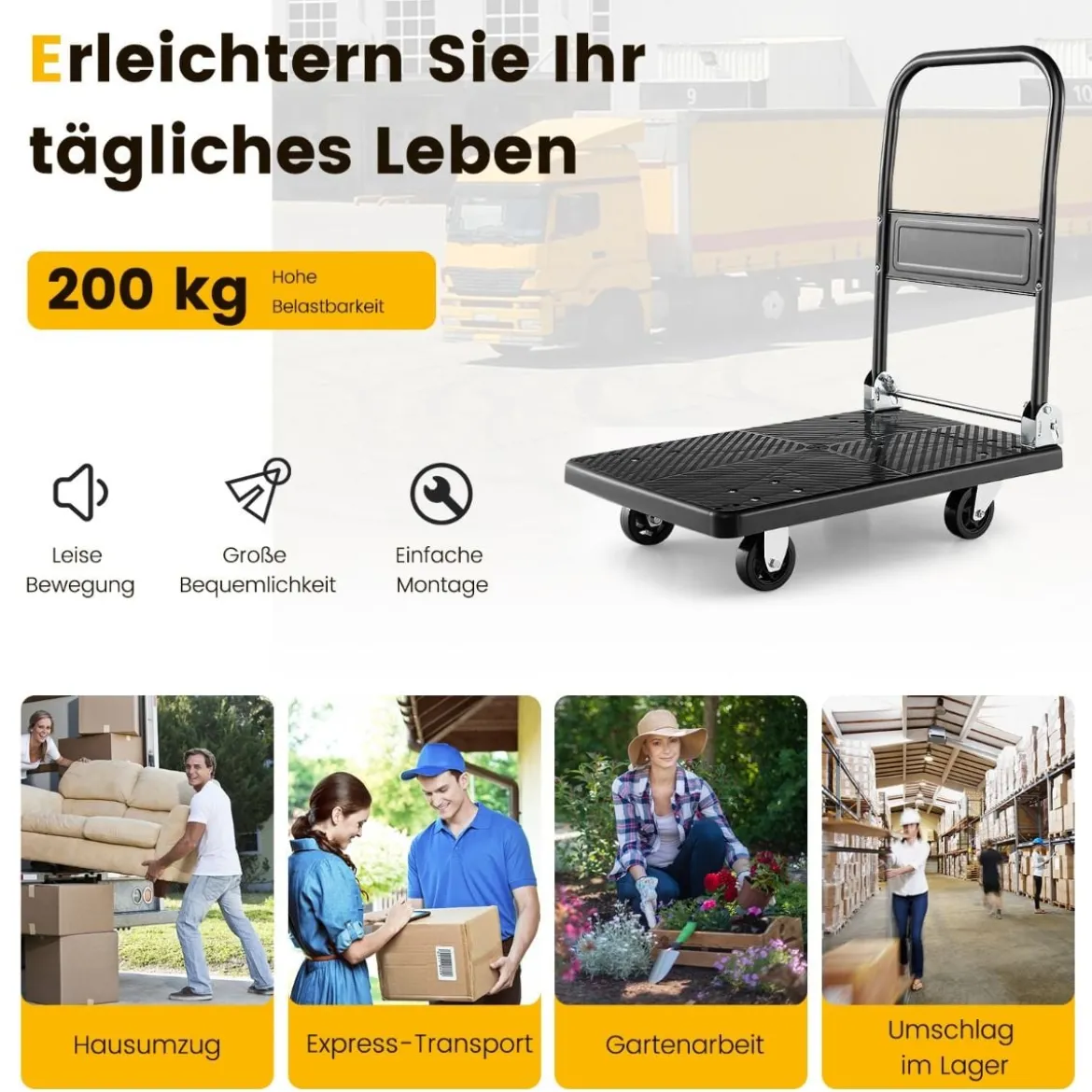 Zusammenklappbarer Plattformwagen mit 200 kg Tragfähigkeit & 360° drehbaren Rädern für einfache Lagerung Schwarz