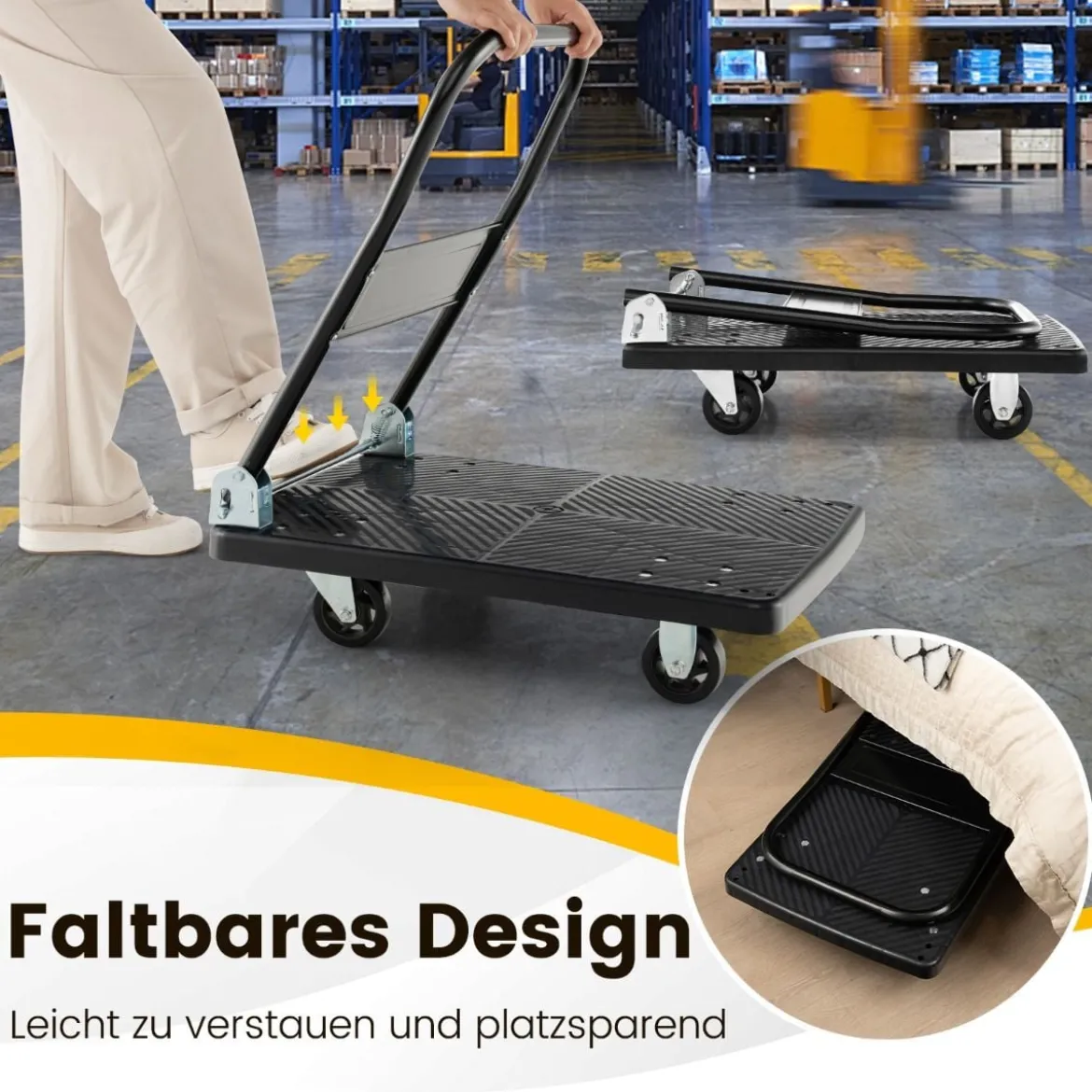 Zusammenklappbarer Plattformwagen mit 200 kg Tragfähigkeit & 360° drehbaren Rädern für einfache Lagerung Schwarz