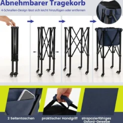 Zusammenklappbarer Tennisballwagen mit Rädern abnehmbarer Tasche Seitentaschen & Tragetasche tragbarer Ballwagen für 150 Tennisbälle Blau