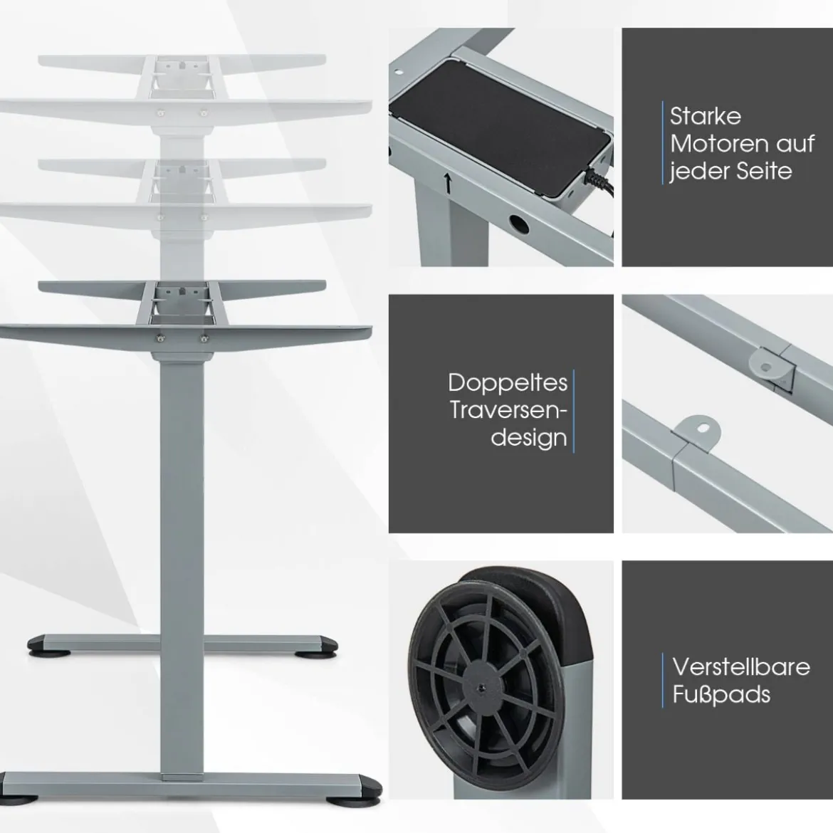 Zweimotoriges Tischgestell Stehpultgestell Pultgestell höhenverstellbar 109-151 x 59 x 70-120 cm Grau