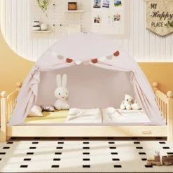 Zwillingsbett-Zelt für Kinder faltbares & tragbares Baldachinzelt für Etagenbett mit 2 Fenstern Beige