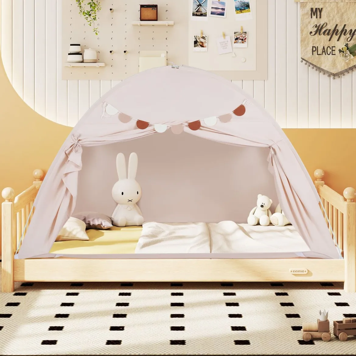 Zwillingsbett-Zelt für Kinder faltbares & tragbares Baldachinzelt für Etagenbett mit 2 Fenstern Beige