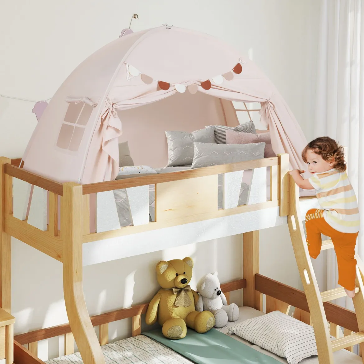 Zwillingsbett-Zelt für Kinder faltbares & tragbares Baldachinzelt für Etagenbett mit 2 Fenstern Beige