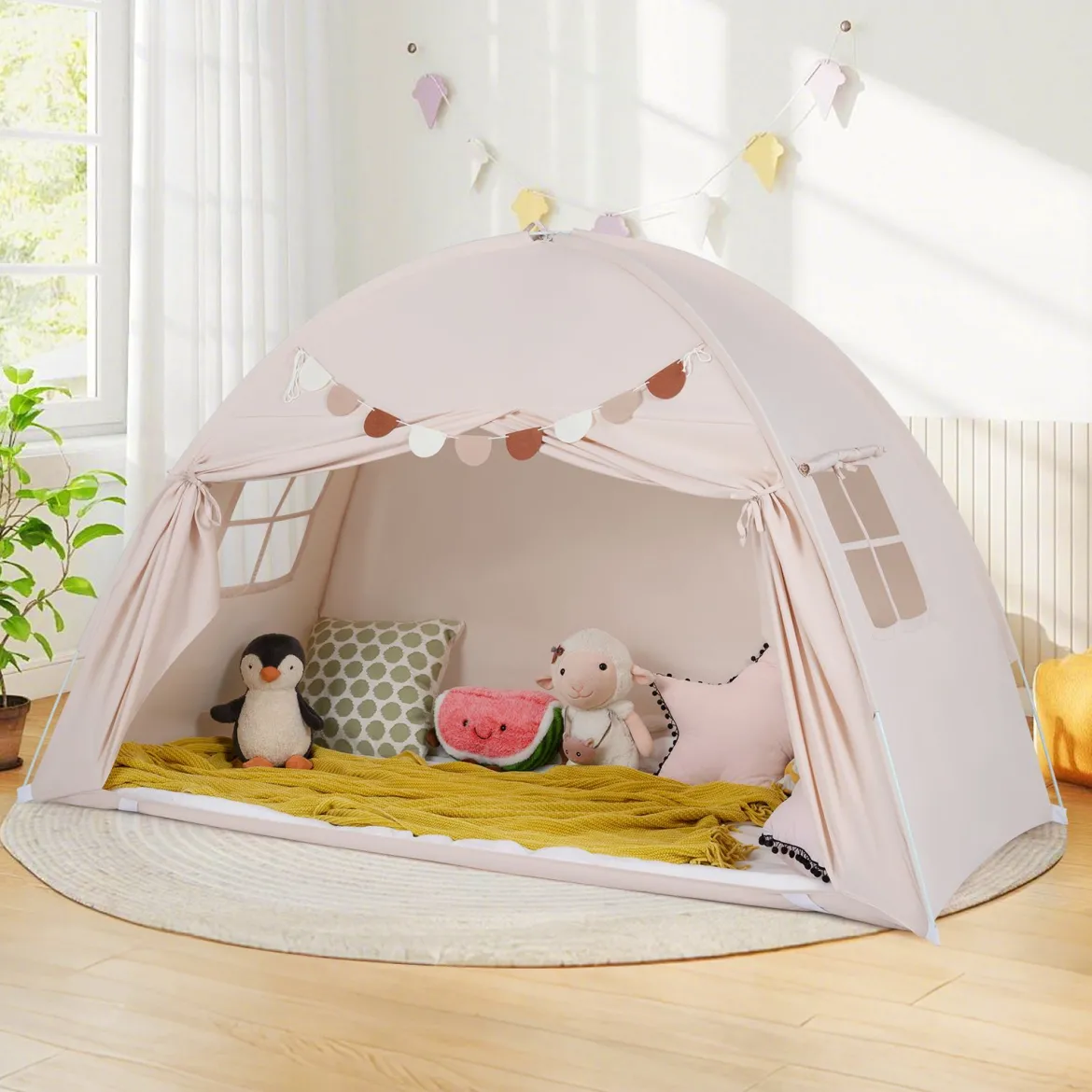 Zwillingsbett-Zelt für Kinder faltbares & tragbares Baldachinzelt für Etagenbett mit 2 Fenstern Beige